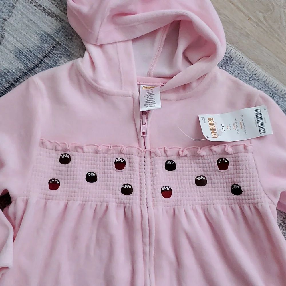 NWT Gymboree Girls Pink Velour Smocked Sweets Zip-up Sz2T-3T